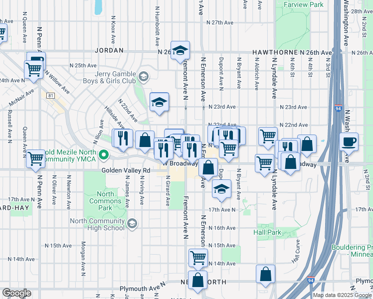 map of restaurants, bars, coffee shops, grocery stores, and more near 2018 North Fremont Avenue in Minneapolis