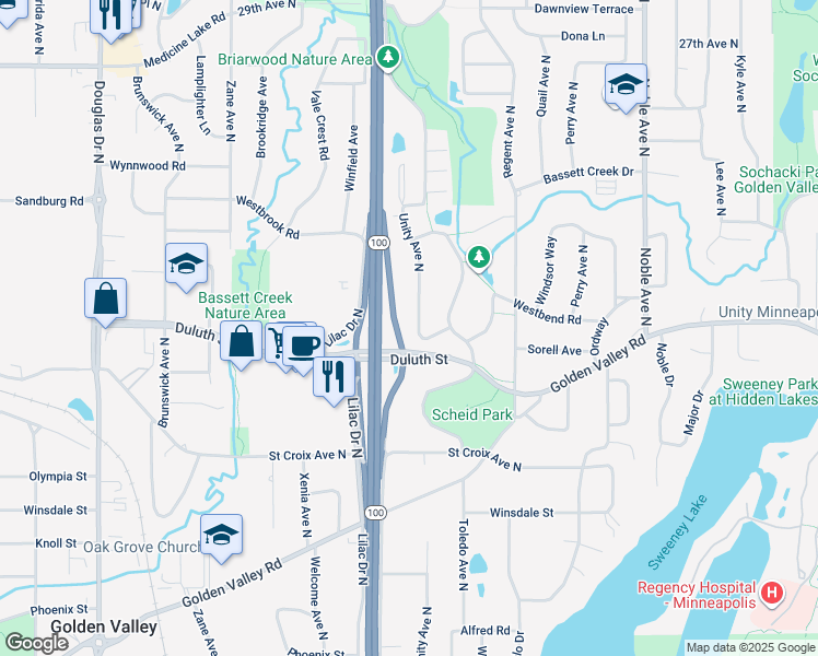 map of restaurants, bars, coffee shops, grocery stores, and more near 2025 Unity Avenue North in Minneapolis