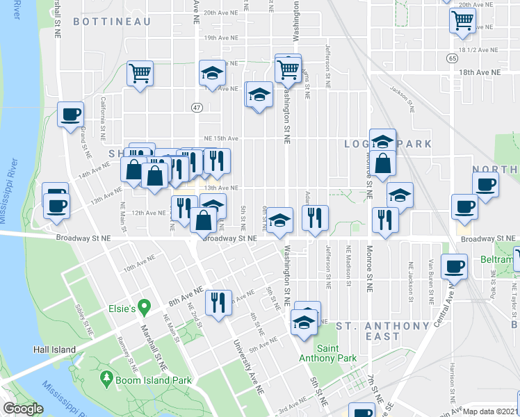 map of restaurants, bars, coffee shops, grocery stores, and more near 1206 6th Street Northeast in Minneapolis
