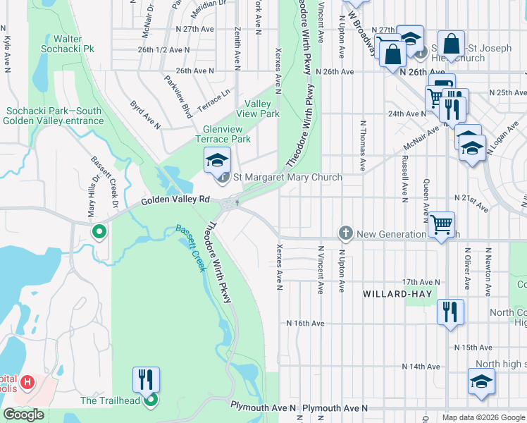 map of restaurants, bars, coffee shops, grocery stores, and more near 3022 Golden Valley Road in Minneapolis
