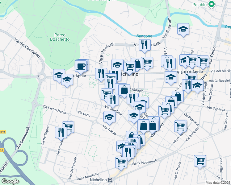 map of restaurants, bars, coffee shops, grocery stores, and more near 60 Via Juvarra in Nichelino