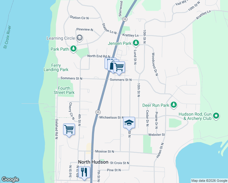 map of restaurants, bars, coffee shops, grocery stores, and more near 640 7th Street North in Hudson