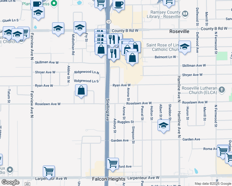 map of restaurants, bars, coffee shops, grocery stores, and more near 1950 Asbury Street in Roseville