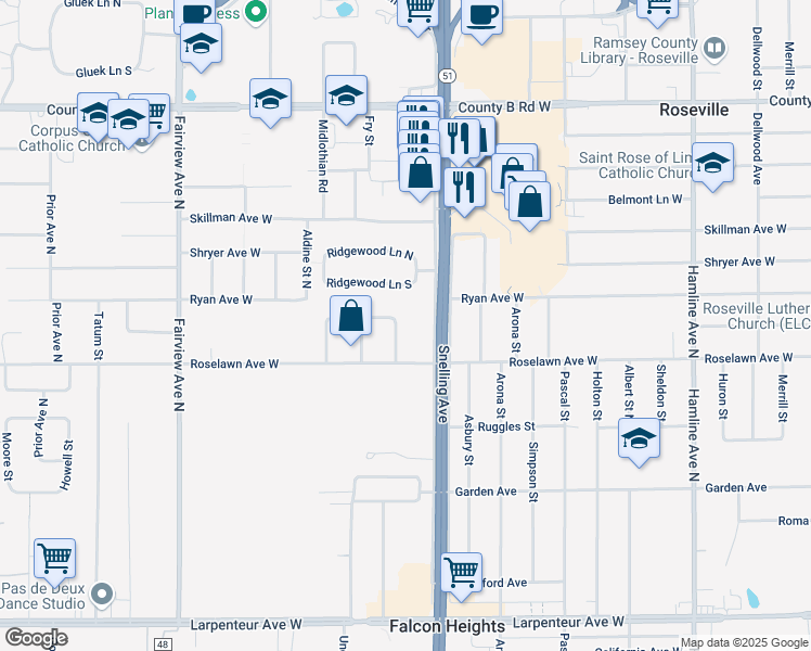 map of restaurants, bars, coffee shops, grocery stores, and more near 26 Mid Oaks Lane in Roseville