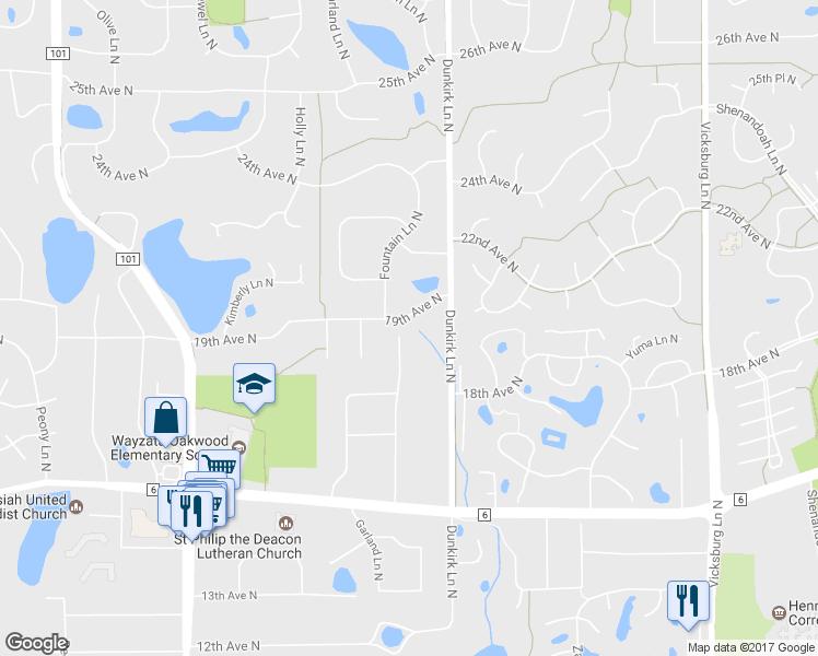 map of restaurants, bars, coffee shops, grocery stores, and more near 16805 19th Avenue North in Minneapolis