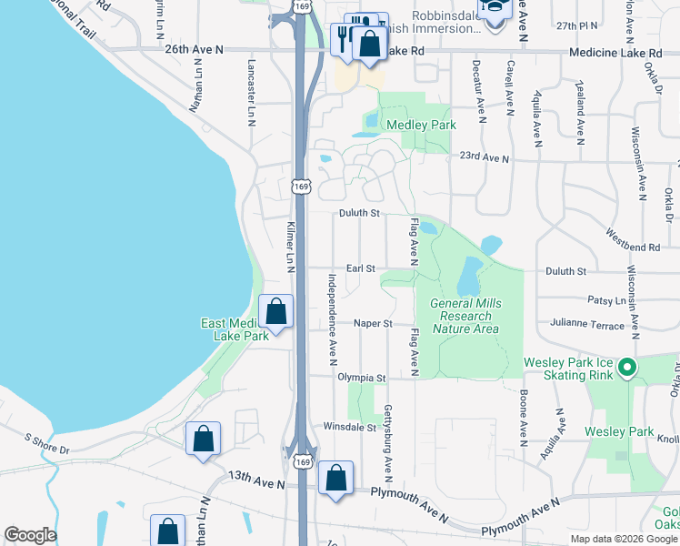 map of restaurants, bars, coffee shops, grocery stores, and more near 9385 Earl Street in Minneapolis