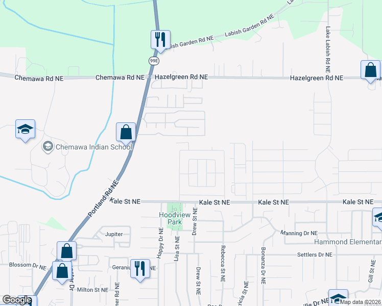 map of restaurants, bars, coffee shops, grocery stores, and more near 5082 Copper Creek Loop Northeast in Salem