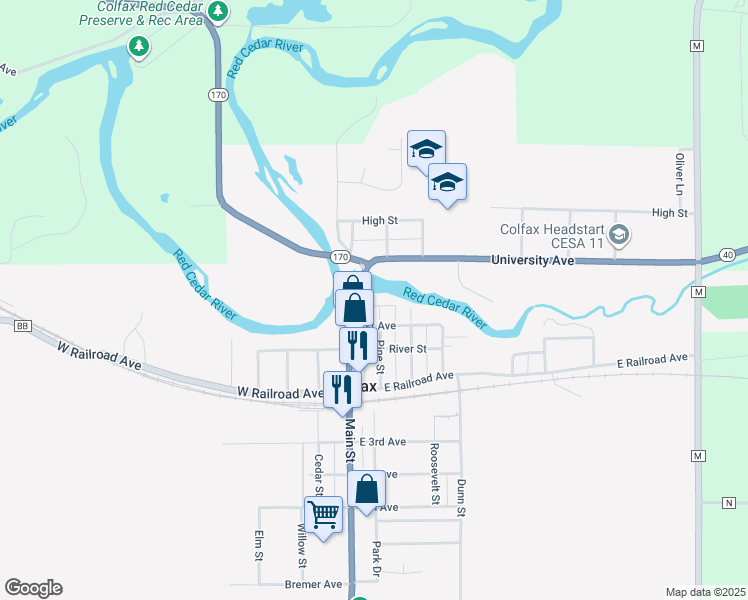 map of restaurants, bars, coffee shops, grocery stores, and more near 803 Pine Street in Colfax