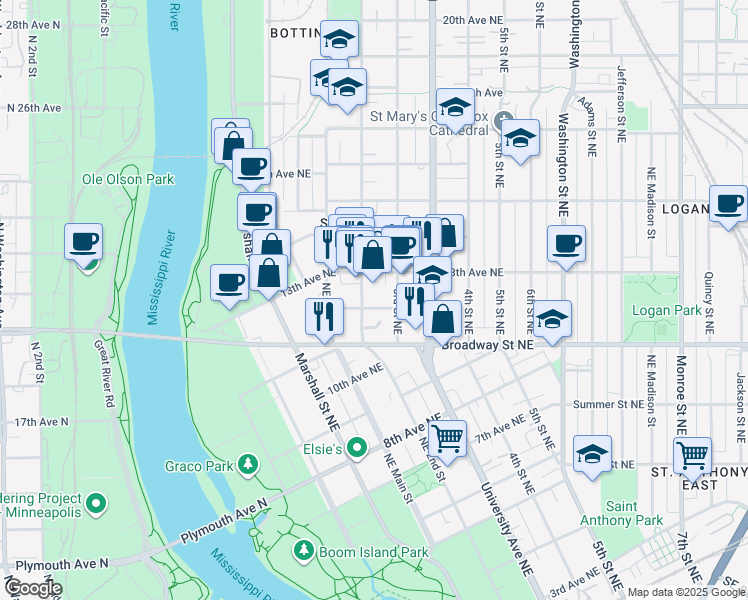 map of restaurants, bars, coffee shops, grocery stores, and more near 209 12th Avenue Northeast in Minneapolis