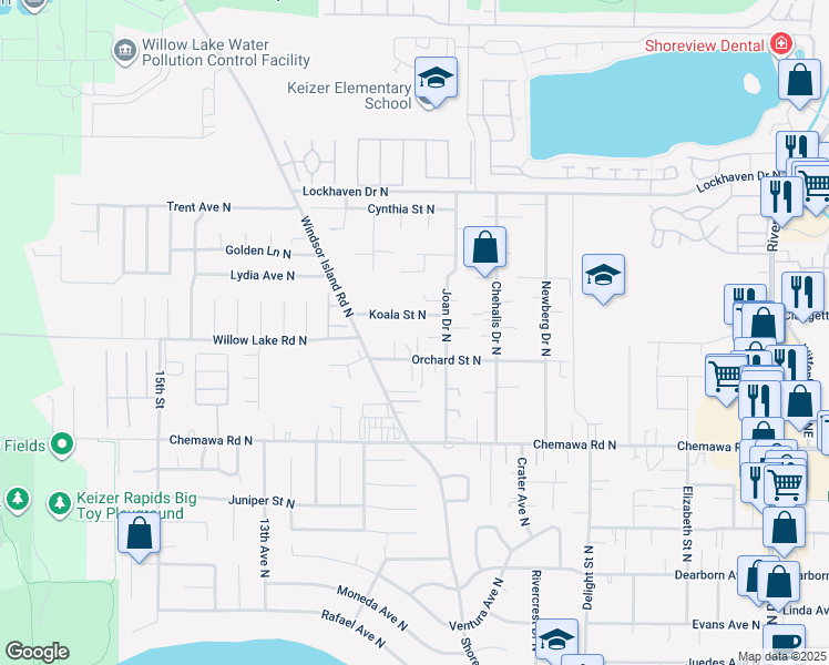 map of restaurants, bars, coffee shops, grocery stores, and more near 937 Orchard Street North in Keizer
