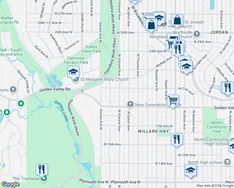 map of restaurants, bars, coffee shops, grocery stores, and more near 2005 North Vincent Avenue in Minneapolis