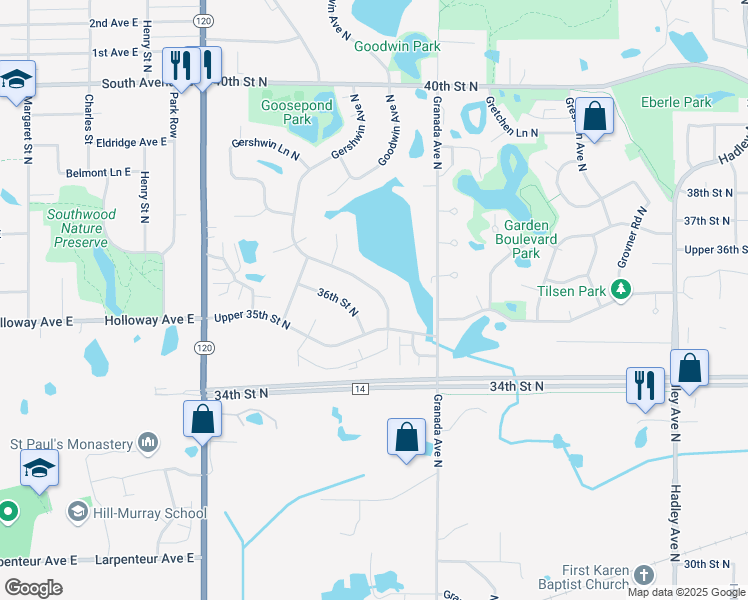map of restaurants, bars, coffee shops, grocery stores, and more near 3540 Gershwin Avenue North in Oakdale