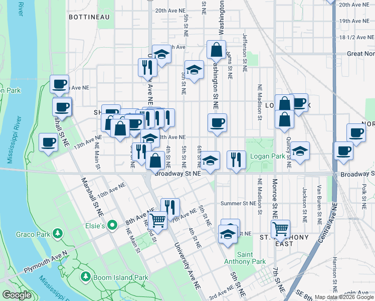 map of restaurants, bars, coffee shops, grocery stores, and more near 1206 6th Street Northeast in Minneapolis