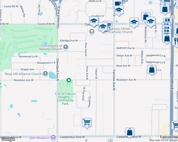 map of restaurants, bars, coffee shops, grocery stores, and more near 1958 Prior Avenue North in Roseville