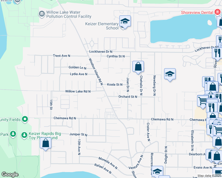 map of restaurants, bars, coffee shops, grocery stores, and more near 5208 Windsor Island Road North in Keizer