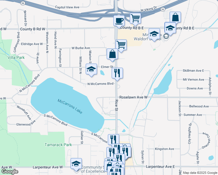map of restaurants, bars, coffee shops, grocery stores, and more near 1943 Rice Street in Roseville