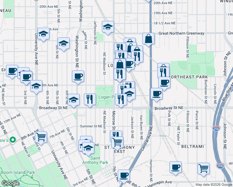 map of restaurants, bars, coffee shops, grocery stores, and more near 1201 Monroe Street Northeast in Minneapolis