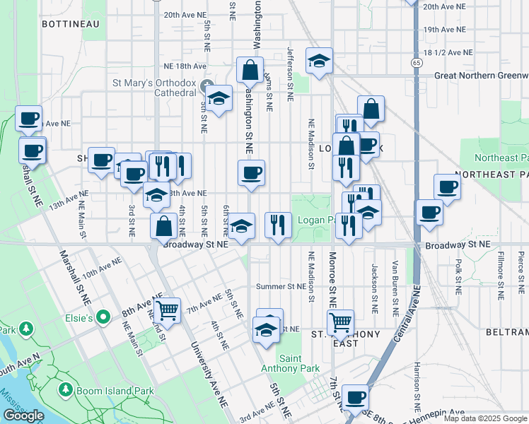 map of restaurants, bars, coffee shops, grocery stores, and more near 1202 Adams Street Northeast in Minneapolis