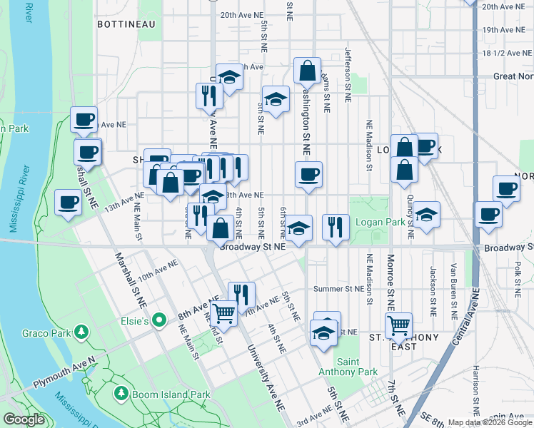 map of restaurants, bars, coffee shops, grocery stores, and more near 1206 6th Street Northeast in Minneapolis