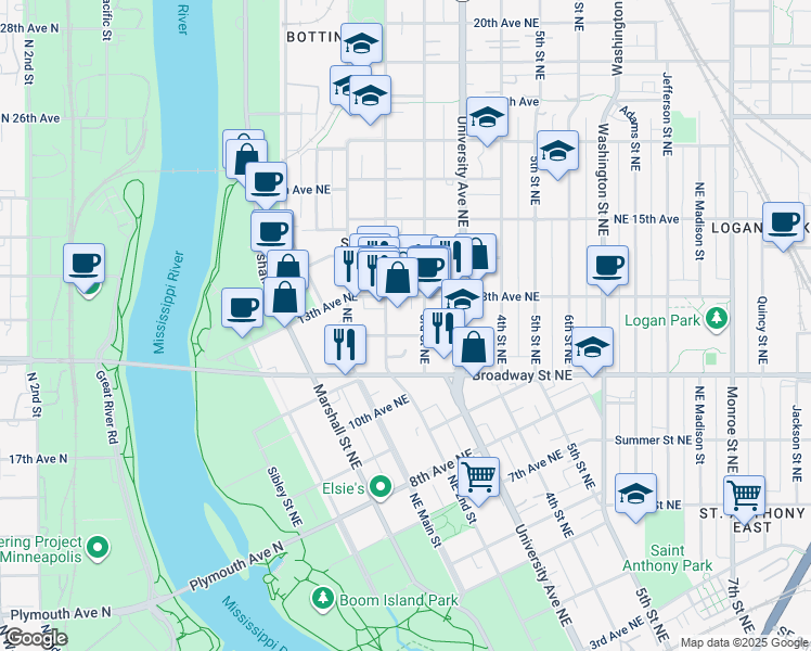 map of restaurants, bars, coffee shops, grocery stores, and more near 209 12th Avenue Northeast in Minneapolis