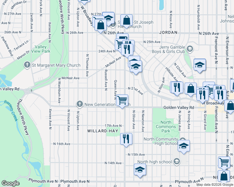 map of restaurants, bars, coffee shops, grocery stores, and more near 2014 Queen Avenue North in Minneapolis