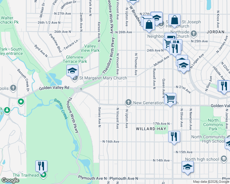 map of restaurants, bars, coffee shops, grocery stores, and more near 2005 North Vincent Avenue in Minneapolis