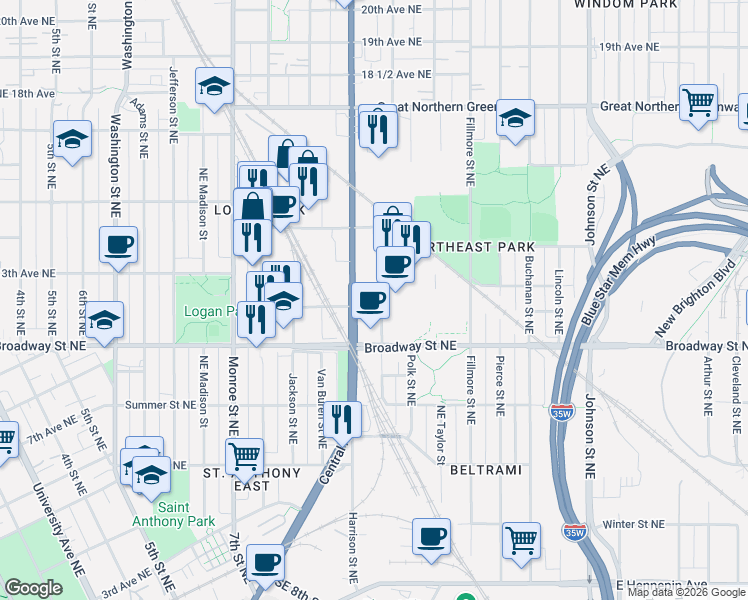 map of restaurants, bars, coffee shops, grocery stores, and more near 1180 Tyler Street Northeast in Minneapolis