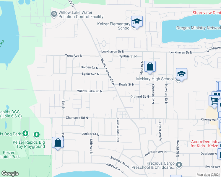 map of restaurants, bars, coffee shops, grocery stores, and more near 1069 Willow Lake Road North in Keizer