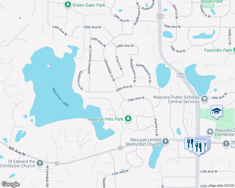map of restaurants, bars, coffee shops, grocery stores, and more near 18405 20th Avenue North in Minneapolis