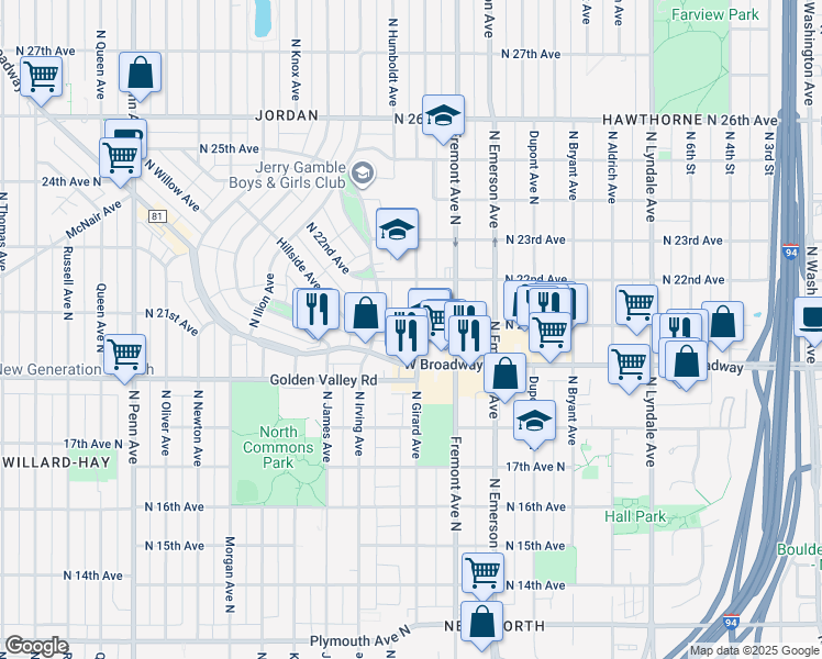 map of restaurants, bars, coffee shops, grocery stores, and more near 1301 North 21st Avenue in Minneapolis