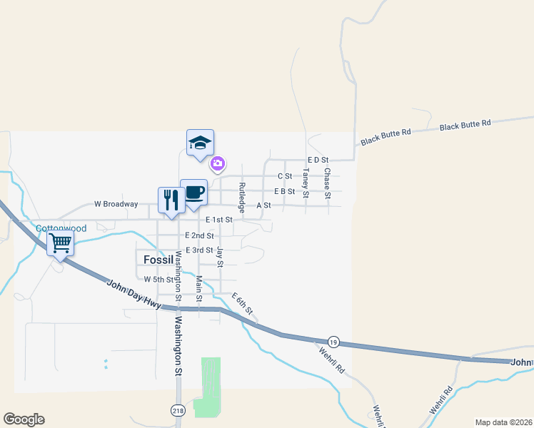 map of restaurants, bars, coffee shops, grocery stores, and more near 406 Ellsworth Street in Fossil