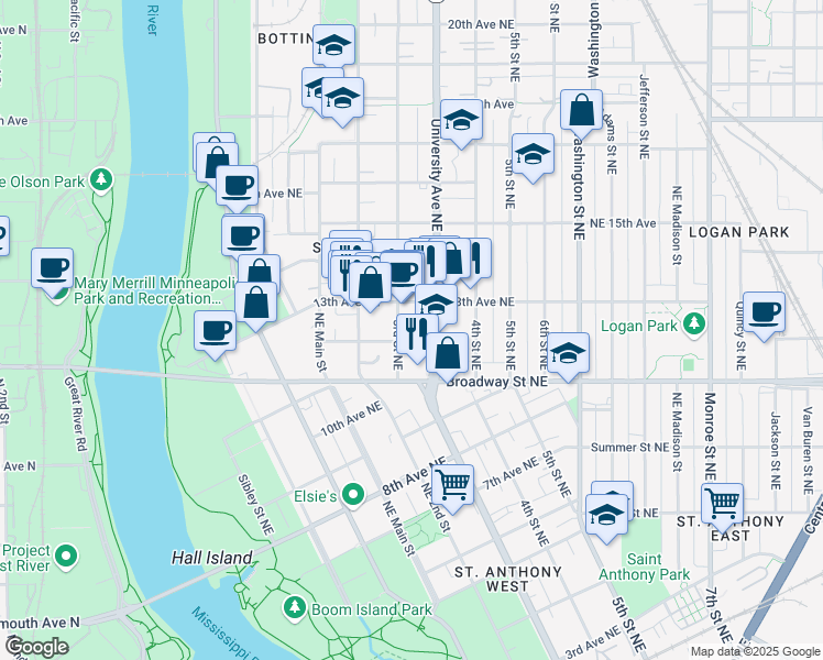 map of restaurants, bars, coffee shops, grocery stores, and more near 311 12th Avenue Northeast in Minneapolis