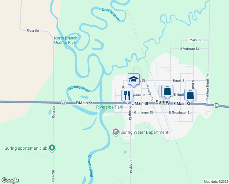 map of restaurants, bars, coffee shops, grocery stores, and more near 107 Muehl Drive in Suring