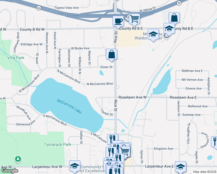 map of restaurants, bars, coffee shops, grocery stores, and more near 166 North McCarrons Boulevard in Roseville