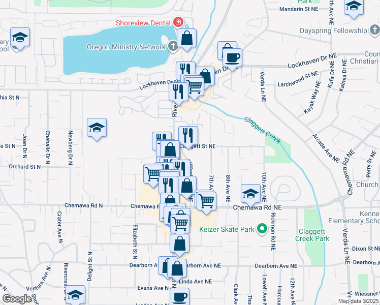 map of restaurants, bars, coffee shops, grocery stores, and more near 5188 Wittenberg Lane Northeast in Keizer