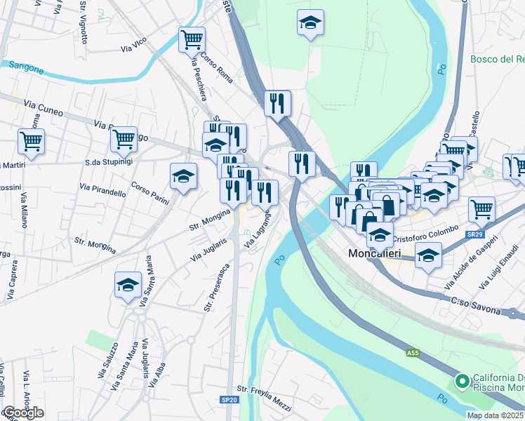 map of restaurants, bars, coffee shops, grocery stores, and more near 1 Piazza Mercato in Moncalieri