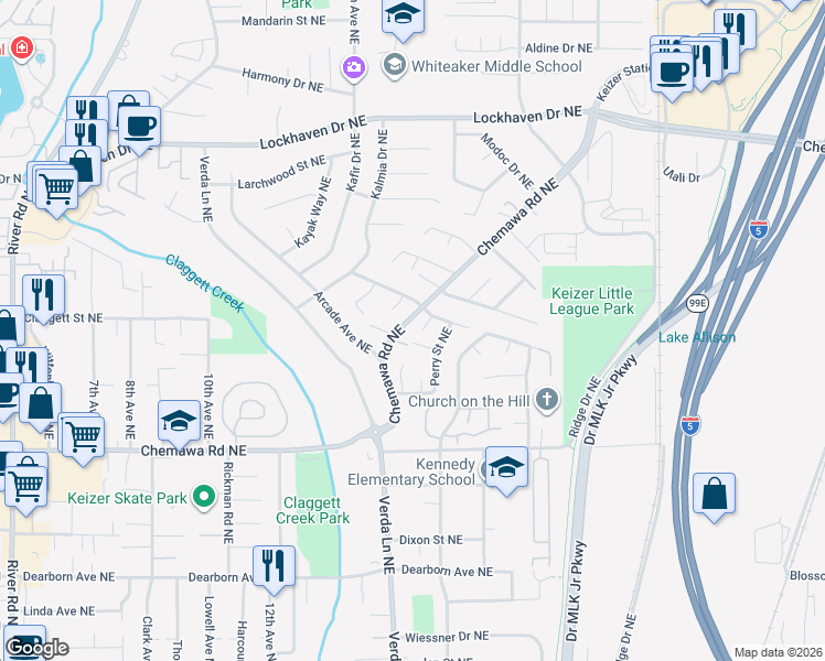 map of restaurants, bars, coffee shops, grocery stores, and more near 1677 Della Way Northeast in Keizer