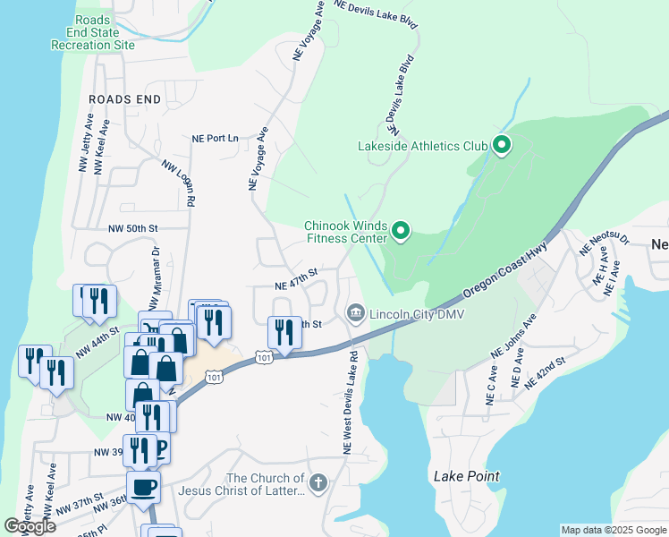 map of restaurants, bars, coffee shops, grocery stores, and more near 2862 Northeast 46th Loop in Lincoln City