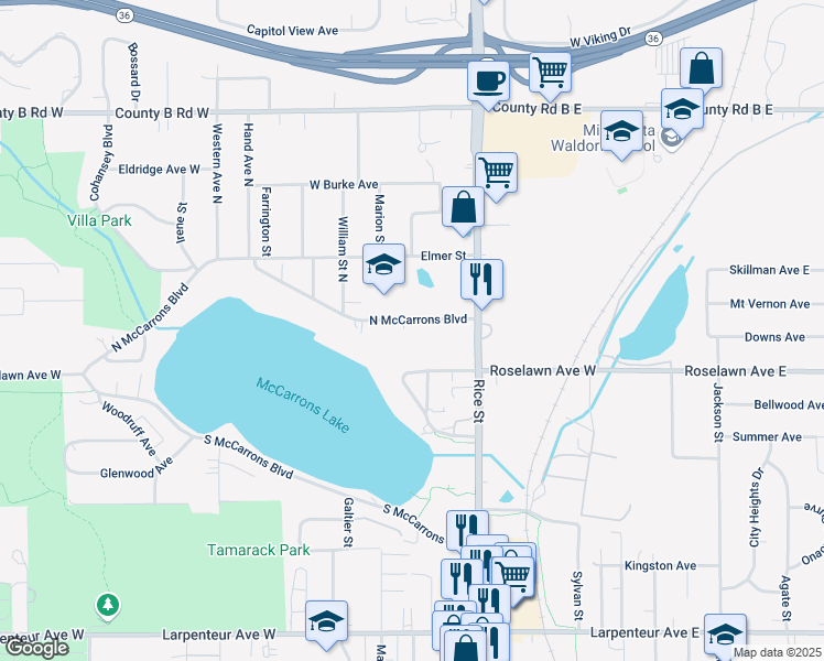 map of restaurants, bars, coffee shops, grocery stores, and more near 194 North McCarrons Boulevard in Roseville