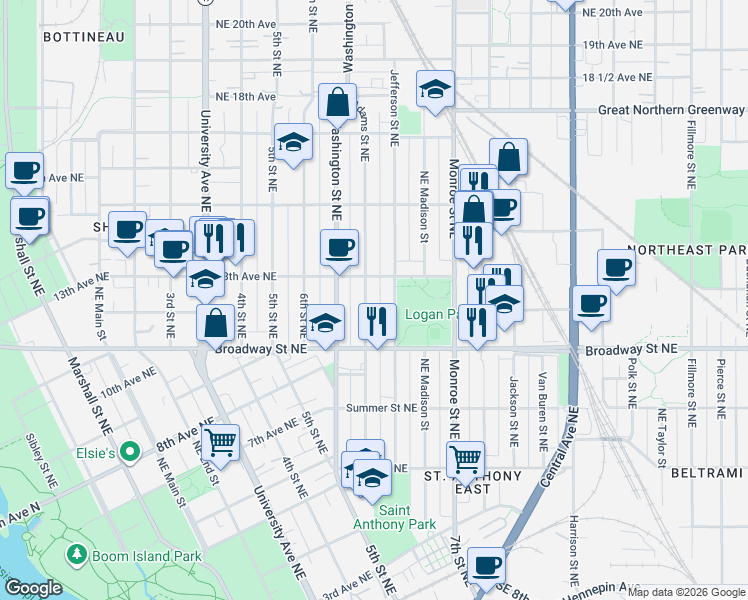 map of restaurants, bars, coffee shops, grocery stores, and more near 1202 Adams Street Northeast in Minneapolis