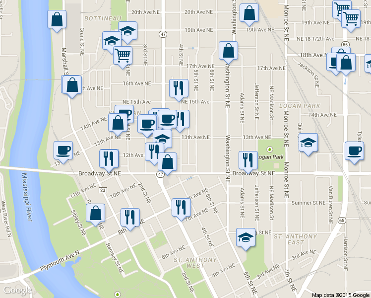map of restaurants, bars, coffee shops, grocery stores, and more near 1209 4th Street Northeast in Minneapolis