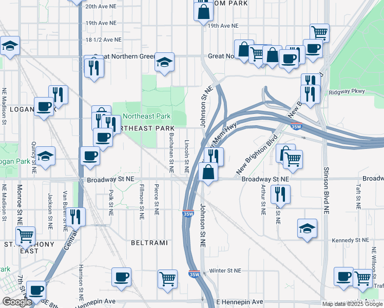 map of restaurants, bars, coffee shops, grocery stores, and more near 1213 Lincoln Street Northeast in Minneapolis