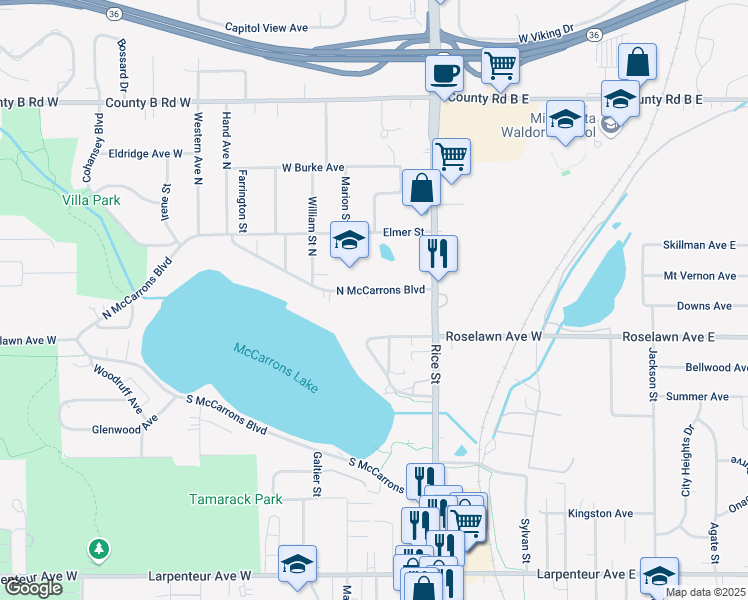 map of restaurants, bars, coffee shops, grocery stores, and more near 204 North McCarrons Boulevard in Roseville