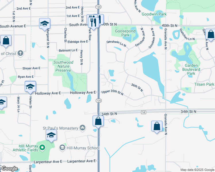 map of restaurants, bars, coffee shops, grocery stores, and more near 3532 Genevieve Avenue North in Oakdale