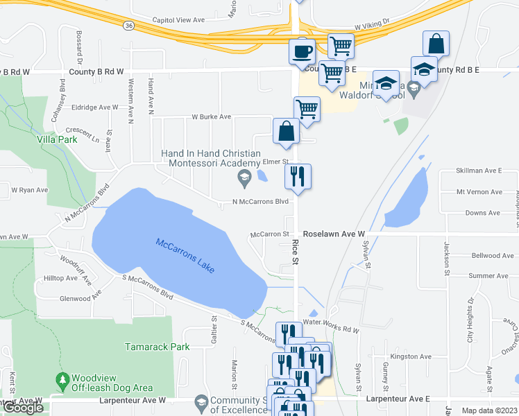 map of restaurants, bars, coffee shops, grocery stores, and more near 194 North McCarrons Boulevard in Roseville