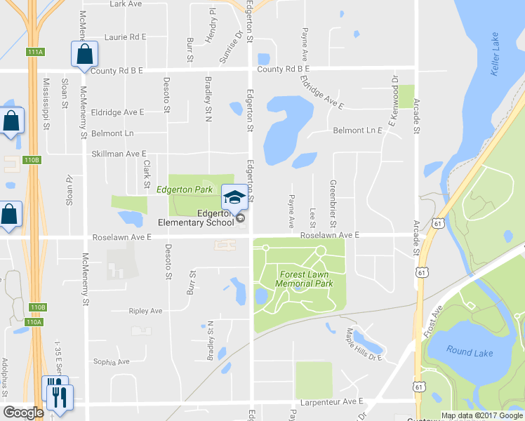 map of restaurants, bars, coffee shops, grocery stores, and more near 1960 Edgerton Street in Saint Paul