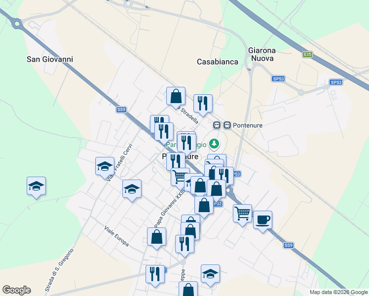 map of restaurants, bars, coffee shops, grocery stores, and more near 18 Via Giovanni Capra in Pontenure