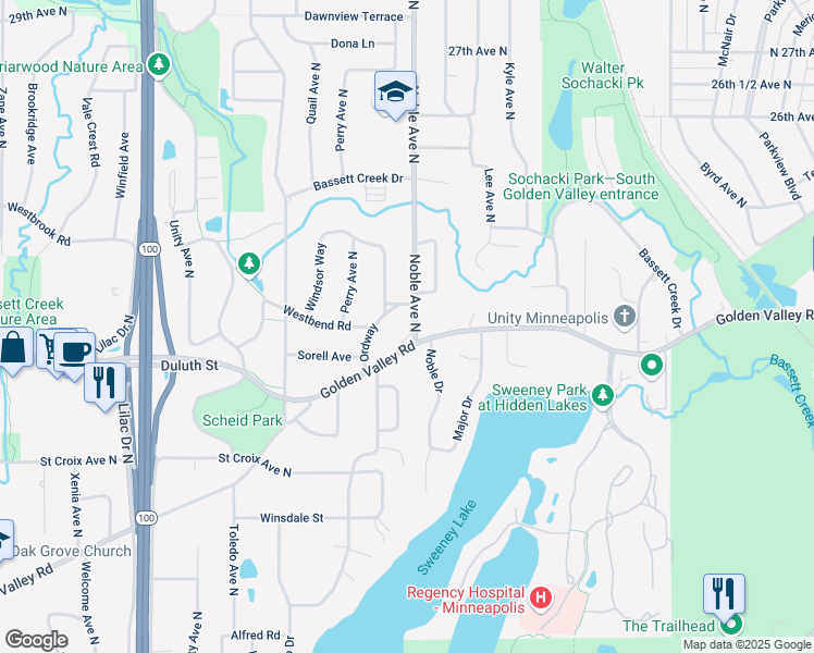 map of restaurants, bars, coffee shops, grocery stores, and more near 2103 Noble Avenue North in Minneapolis