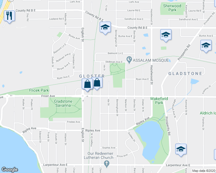 map of restaurants, bars, coffee shops, grocery stores, and more near 1949 Ide Street in Maplewood