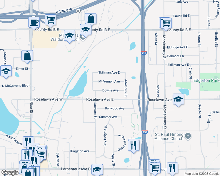 map of restaurants, bars, coffee shops, grocery stores, and more near 151 Downs Avenue in Saint Paul